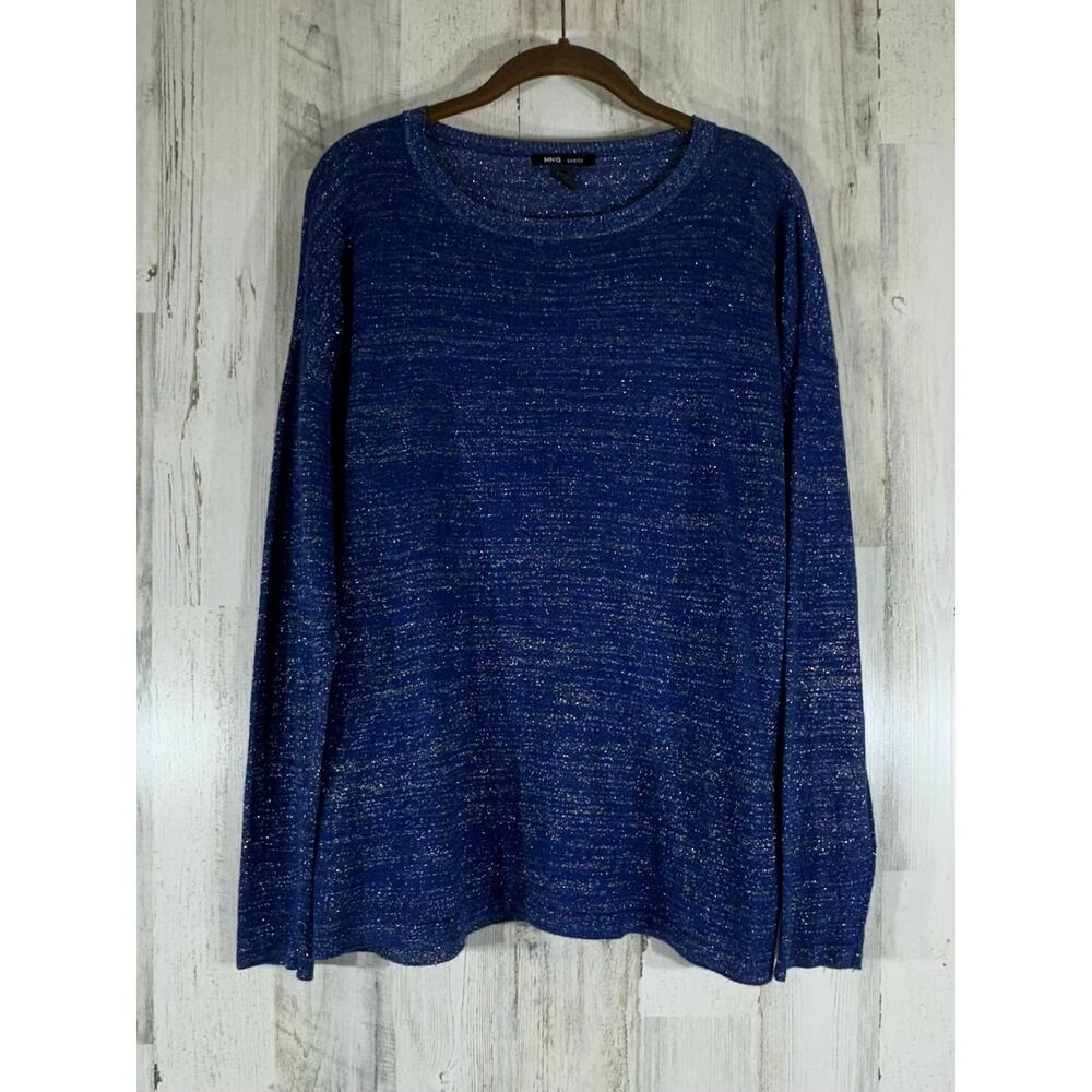 MNG Basics Sweater Large Blue Silver Threads Semi Sheer Back Buttons Lightweight
